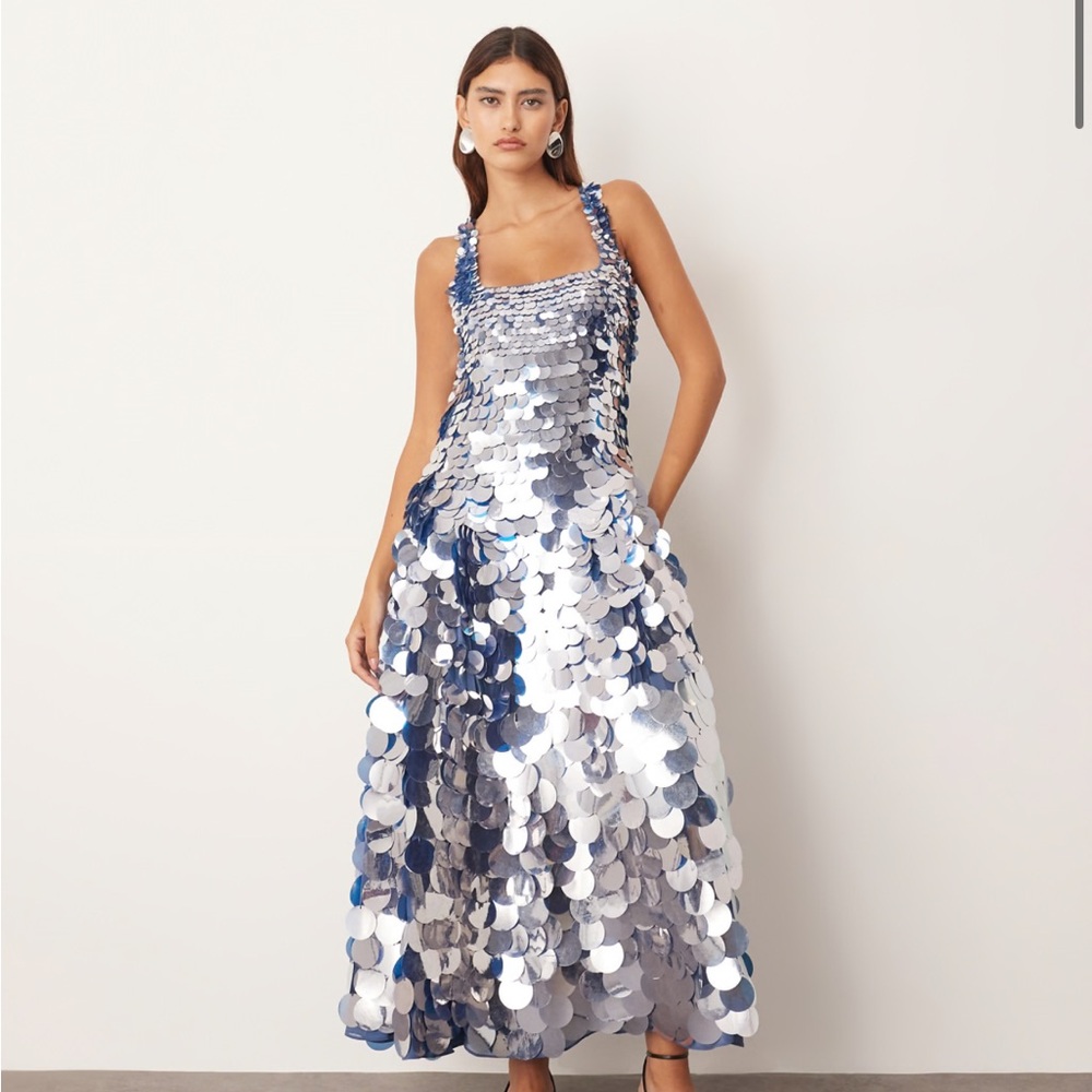 NWT ASOS ARRANGE embellished paillette sequin square neck dress in blue US8